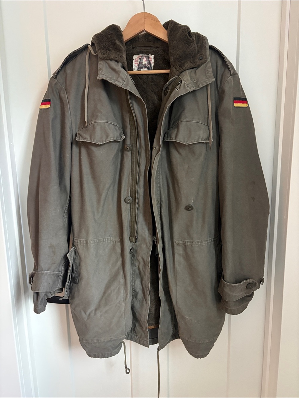 Vintage 1989 German Army Parka Olive Green Moleskin Field Jacket With Liner